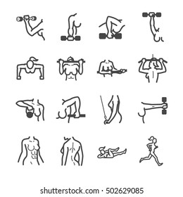 Women's Workout Routine line icons. Included the icons as muscle, workout, exercise, weight loss, weight training, cardio and more.
