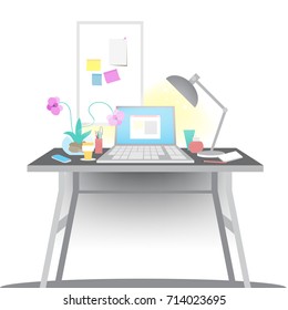 Women's workspace. Beautiful office table with laptop (notebook), office lamp with light effect, orchid flowers in the vase, coffee cup and mobile phone. Vector illustration