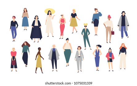 Women's world. Crowd of girls dressed in trendy casual and formal clothes. Collection of female cartoon characters isolated on white background. Colorful vector illustration in modern flat style