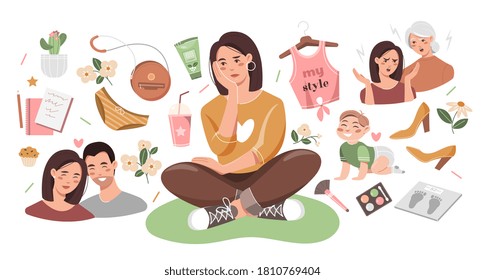 Women's World and femininity icons showing a woman sitting thinking surrounded by clothing accessories, a baby , a couple, and chatting to a friend or mother