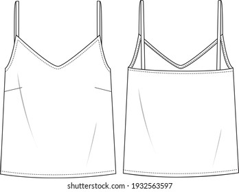 Women's Woven Cami Top. Woven top technical fashion illustration. Flat apparel top template front and back, white colour. Women's CAD mock up.