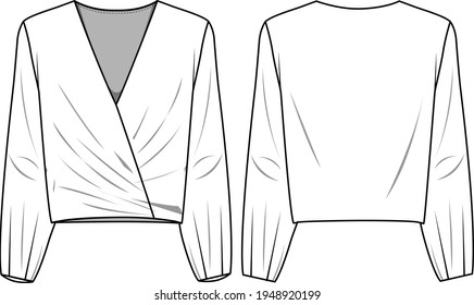 Women's Wrap Blouse. Technical fashion blouse illustration. Flat apparel top template front and back, white color. Women's CAD mock-up.