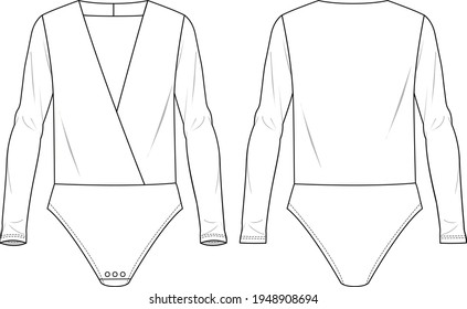 Women's Wrap Bodysuit. Technical fashion underwear illustration. Flat apparel bodysuit template front and back, white color. Women's CAD mock-up.