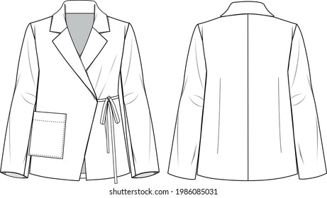 Women's Wrap Front Blazer Jacket. Jacket technical fashion illustration. Flat apparel jacket template front and back, white color. Women's CAD mock-up.