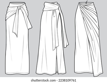 womens wrap maxi skirt flat sketch vector illustration technical cad drawing template