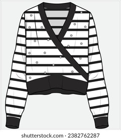 WOMEN'S WRAP  V-NECK CARDIGAN IN MONOCHROME STRIPE PATTERN WITH ZIRCONS DETAIL DESIGNED FOR WOMENS IN EDITABLE VECTOR