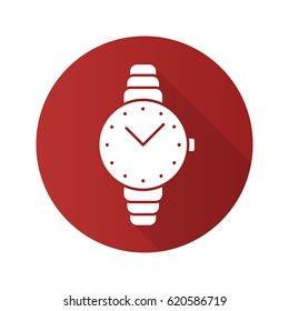 Women's wristwatch flat design long shadow icon. Vector silhouette symbol
