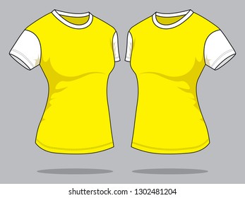 Women's Yellow-White Short Sleeve T-Shirt Design on Gray Background, Perspective View