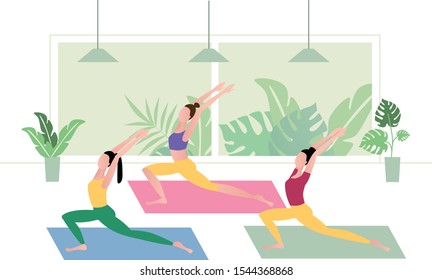 Women's yoga, yoga class, workout, physical exersises. Gym interior. Flat Cartoon Vector Illustration.
