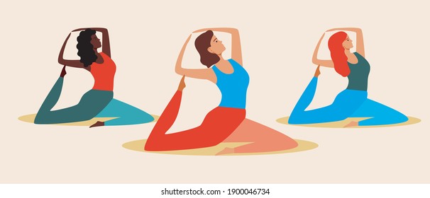 Womens yoga, isolated people. Flat vector stock illustration. Beautiful women doing yoga asanas. Activity concept, exercise together, yoga class. Different ethnic group, African woman