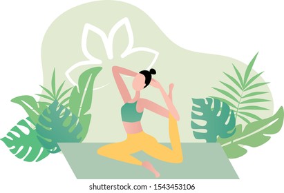 Women's yoga, physical exersises, stretching. Female cartoon character doing yoga on a mat surrounded by leaves. Flat vector illustration.