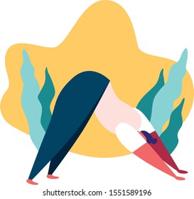 Women's yoga, physical exersises, stretching, fitness. Female cartoon character doing yoga surrounded by leaves. Flat vector illustration.