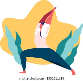 Women's yoga, physical exersises, stretching, fitness. Female cartoon character doing yoga surrounded by leaves. Flat vector illustration.