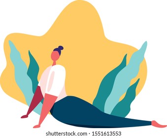 Women's yoga, physical exersises, stretching, fitness. Female cartoon character doing yoga surrounded by leaves. Flat vector illustration.