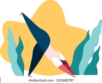 Women's yoga, physical exersises, stretching, fitness. Female cartoon character doing yoga surrounded by leaves. Flat vector illustration.