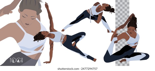 Womens Yoga set. Cute African girl shows various asanas. Yoga training. Woman practicing meditation and stretching.Vector illustration.