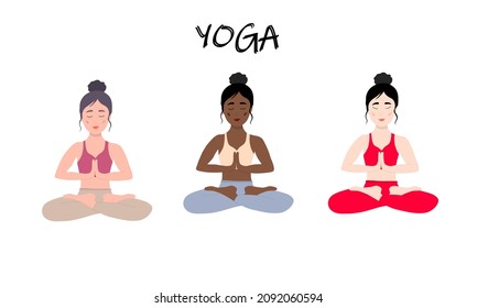 Juego de yoga para mujeres. Tres chicas, europeas, africanas y asiáticas muestran esvástica. Entrenamiento de yoga. Ilustración vectorial.