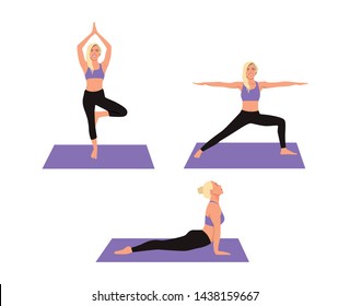 Women's yoga. Vector set of beautiful woman in various yoga poses. Isolated on white.
