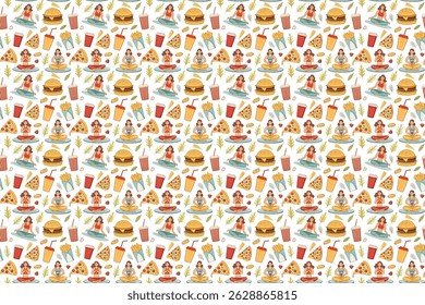 Women's yoga and wellness poses – vector illustration with calm pastel tones pattern.