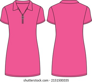 Women's Zip Front, Polo Collar Dress - Dress technical fashion illustration. Flat apparel dress template front and back, colored. Women's CAD mock-up.