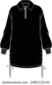 Women's Zip front Sweat Dress. Technical fashion illustration. Front, black color. Women's CAD mock-up.