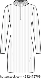 Women's Zip Neck Knit Dress. Technical fashion illustration. Front and white color. Women's CAD mock-up.