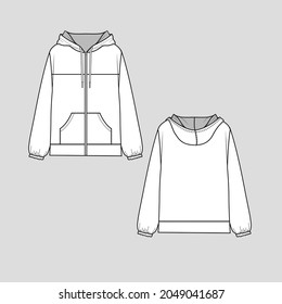 Womens Zipper  hoodie Sweatshirt drawcord  Kangaroo pocket long sleeve elastic gathering hem  flat sketch technical drawing vector design