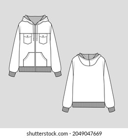Womens Zipper hoodie Sweatshirt flap pocket and button ribbed cuff hem draw cord  Kangaroo pocket long sleeve fashion  flat sketch technical drawing vector design