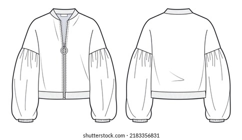 Plantilla de dibujo técnico plano de moda para la Chaqueta Bomber Zip-up para mujeres. Chaqueta de Chica, Portada de la plantilla de Sweatshirt, Vista posterior, blanco, mangas de globo. Modelación CAD de moda blusa.