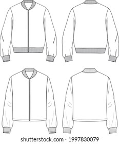 Women's Zip-up Bomber Jacket Set. Jacket technical fashion illustration. Flat apparel jacket template front and back, white color. Women's CAD mock-up.