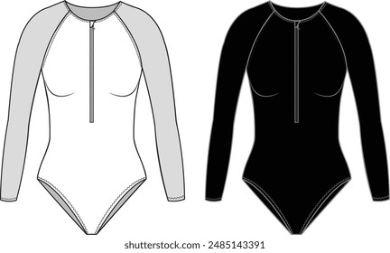 Women's Zip-up Swimsuit. Swimsuit technical fashion illustration. Flat apparel Swimsuit template front, white and black. Women's CAD mock up.