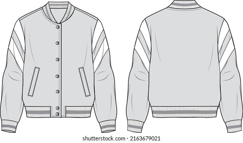 Women's Zip-up, Trimmed Bomber Jacket Set. Jacket technical fashion illustration. Flat apparel jacket template front and back, grey colour. Women's CAD mock-up.