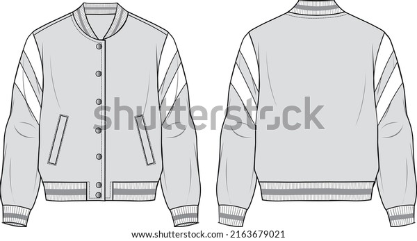 Women\'s Zip-up, Trimmed\
Bomber Jacket Set. Jacket technical fashion illustration. Flat\
apparel jacket template front and back, grey colour. Women\'s CAD\
mock-up.
