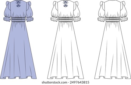 womensgirls flared arms summer dress sketch, womens modesty dress mock up, womens dress vector front and back editable technical drawings
