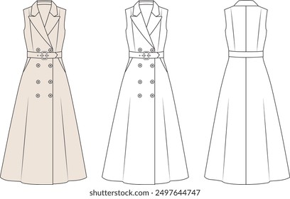 Boceto formal del vestido de las muchachas de las mujeres, maqueta del vestido de verano de la longitud máxima femenina, Vector de vestir de las mujeres delante y detrás