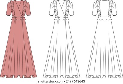 womensgirls maxi lenght summer modest dress sketch, womens modesty dress mock up, womens dress vector front and back editable technical drawings