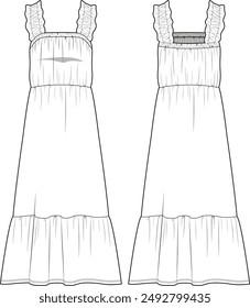 Vestido de primavera de verano para mujer con volante y vestido de gradas y cintura elástica dibujo técnico boceto plano CAD ADOBE Illustrator Vector digital