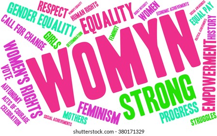 Womyn word cloud on a white background. Nonstandard spelling of women adopted by feminists.