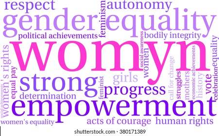 Womyn word cloud on a white background. Nonstandard spelling of women adopted by feminists.