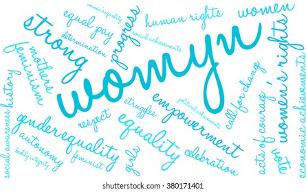 Womyn word cloud on a white background. Nonstandard spelling of women adopted by feminists.