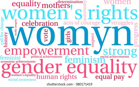 Womyn word cloud on a white background. Nonstandard spelling of women adopted by feminists.