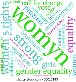 Womyn word cloud on a white background. Nonstandard spelling of women adopted by feminists.