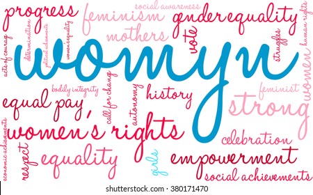 Womyn word cloud on a white background. Nonstandard spelling of women adopted by feminists.