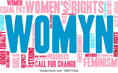 Womyn word cloud on a white background. Nonstandard spelling of women adopted by feminists.