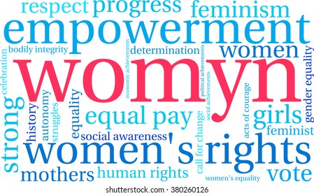 Womyn word cloud on a white background. Nonstandard spelling of women. 