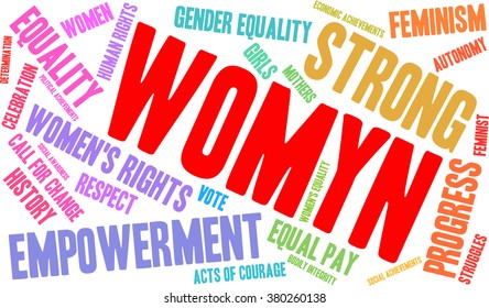 Womyn word cloud on a white background. Nonstandard spelling of women. 