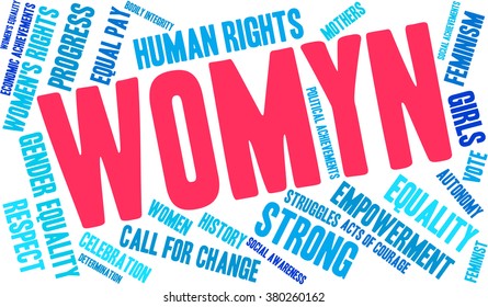 Womyn word cloud on a white background. Nonstandard spelling of women. 