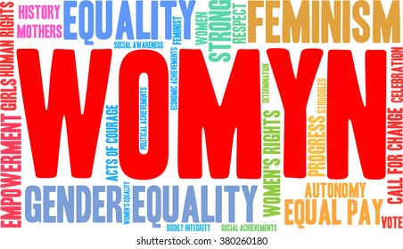 Womyn word cloud on a white background. Nonstandard spelling of women. 