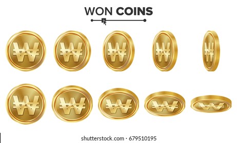 Won 3D Gold Coins Vector Set. Realistic Illustration. Flip Different Angles. Money Front Side. Investment Concept. Finance Coin Icons, Sign, Success Banking Cash Symbol. Currency Isolated On White