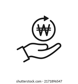Won in circular arrow on hand. Money transaction process icon line style isolated. Vector illustration